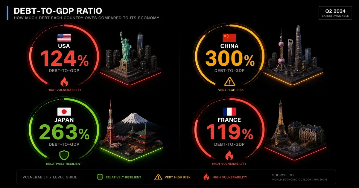 Infographie dette mondiale 2026 risque : comparaison dette USA 36 trilliards, dette Chine immobilière, dette Japon BOJ et dette France PIB