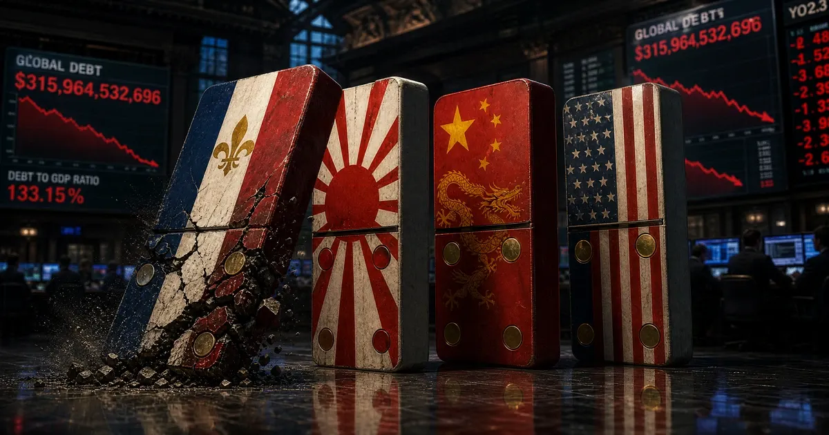 Graphique dette mondiale 2026 : les quatre pays sous tension représentés en dominos prêts à tomber