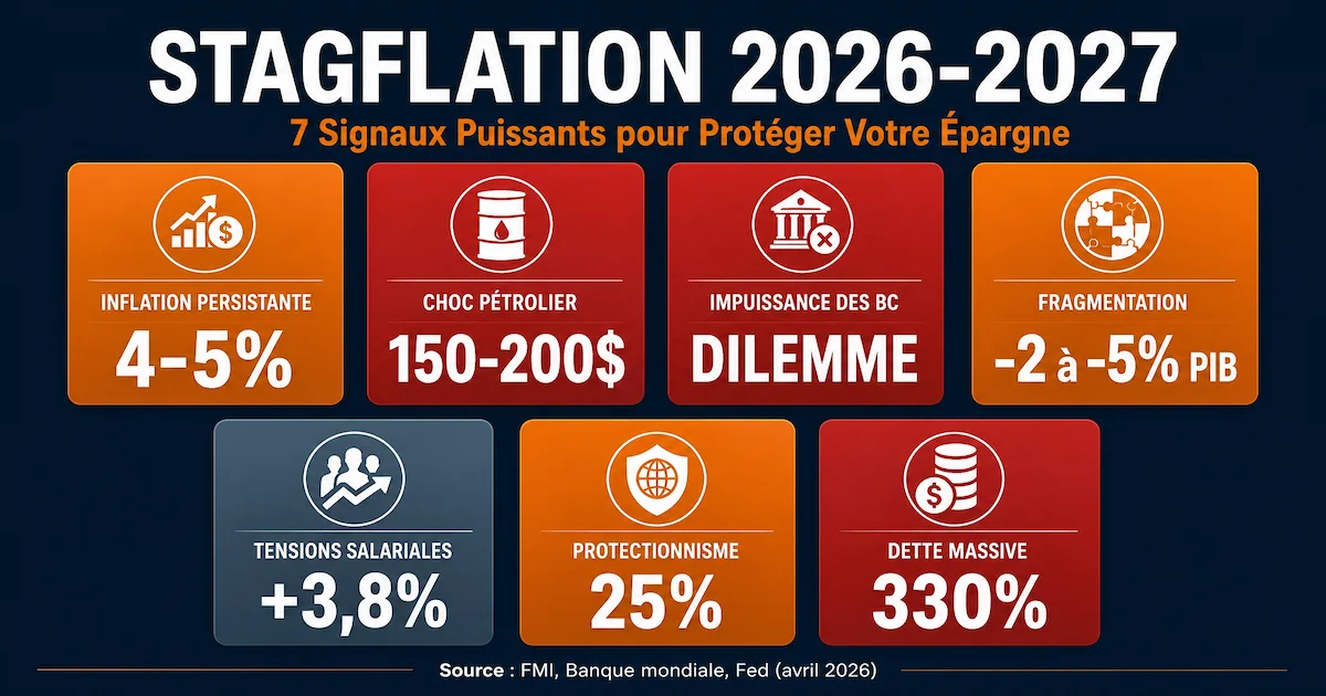 Infographie des 7 signaux de la stagflation 2026-2027 : ① inflation persistante 4-5%, ② choc pétrolier 150-200$, ③ impuissance des banques centrales (dilemme taux/croissance), ④ fragmentation commerciale -2 à 5% PIB, ⑤ tensions salariales (+3,8% coût unitaire), ⑥ protectionnisme (droits de douane 25%), ⑦ dette massive 330% du PIB