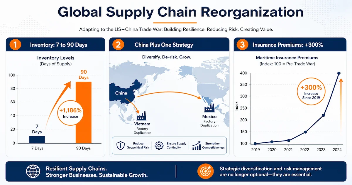 Infographie sur la supply chain disruption dans la guerre commerciale USA Chine : stocks, China plus one, assurances maritimes