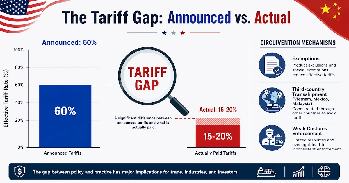 Graphique comparant les droits de douane annoncés (60%) et les droits réellement payés (15-20%) dans la guerre commerciale USA Chine