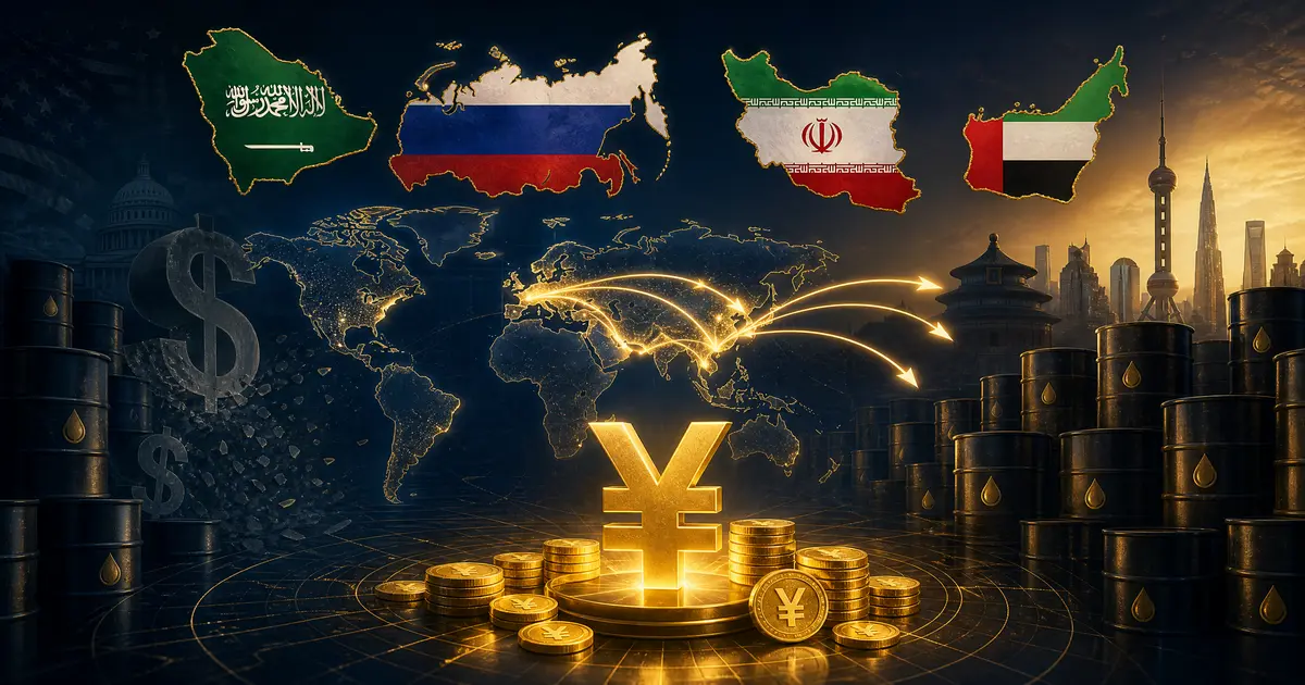Infographie défi pétrodollar 2026 : déclin de la dépendance au dollar pour l'Arabie Saoudite, la Russie, l'Iran et les EAU dans le cadre de la BRICS dédollarisation