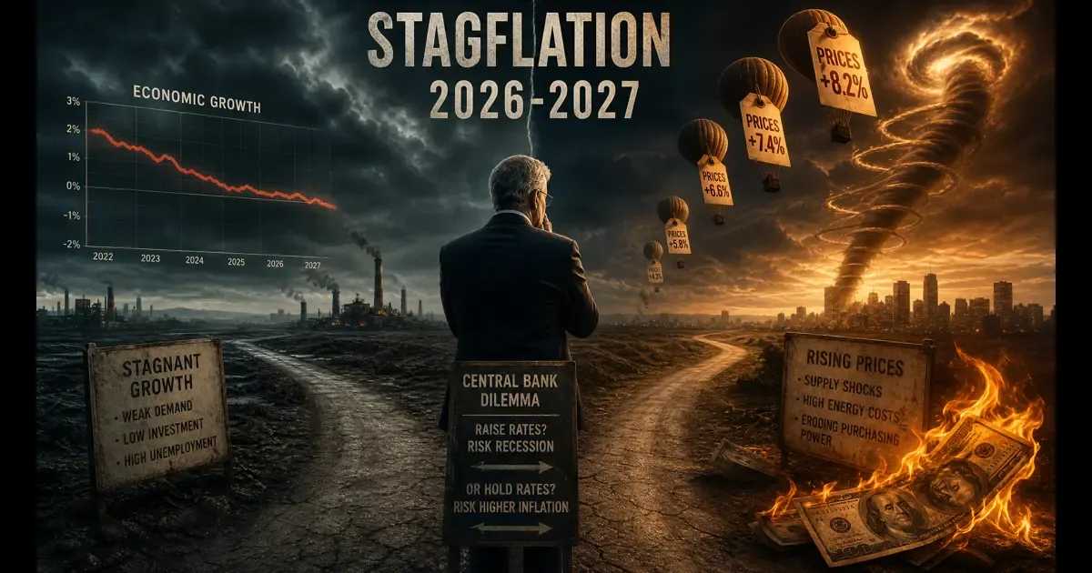 Visualisation de la stagflation 2026-2027 : stagnation économique et inflation simultanées