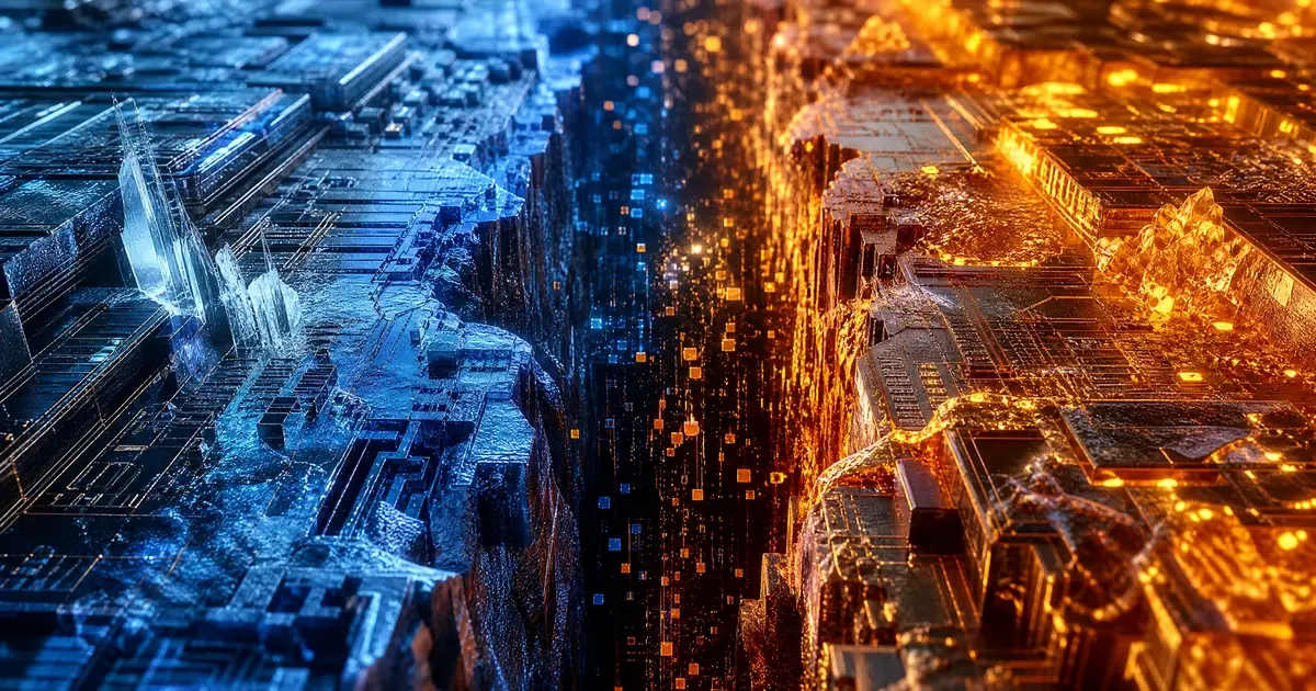 Visualisation découplage technologique guerre commerciale USA Chine 2026 : puce semi-conductrice fissurée entre circuits américains bleus et chinois orange, avec graphiques financiers divergents