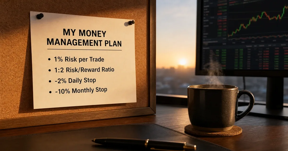 Money management regles capital - plan de gestion ecrit sur bureau avec checklist des regles
