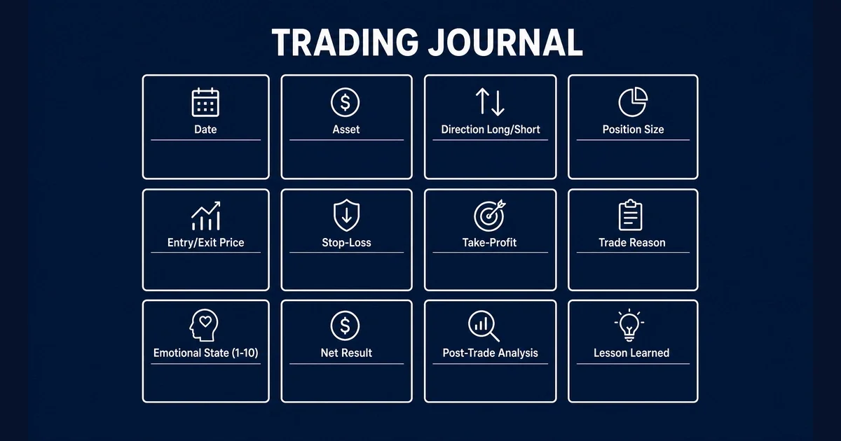 Journal trading efficace - tableau de bord avec statistiques trading, taux réussite 58%, facteur profit 1.82, carnets de trading et éléments dorés