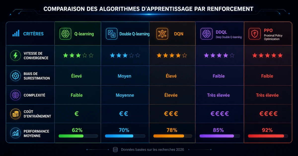 Tableau comparatif algorithmes apprentissage par renforcement Q-learning DQN 2026
