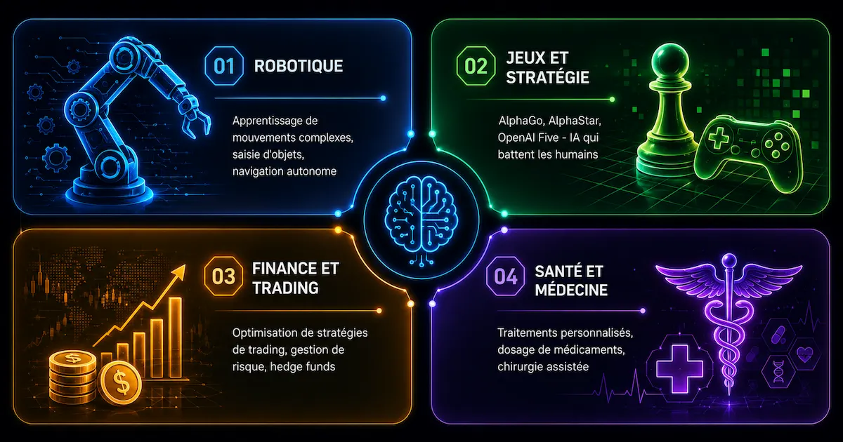 Applications apprentissage par renforcement RL robotique jeux finance santé 2026