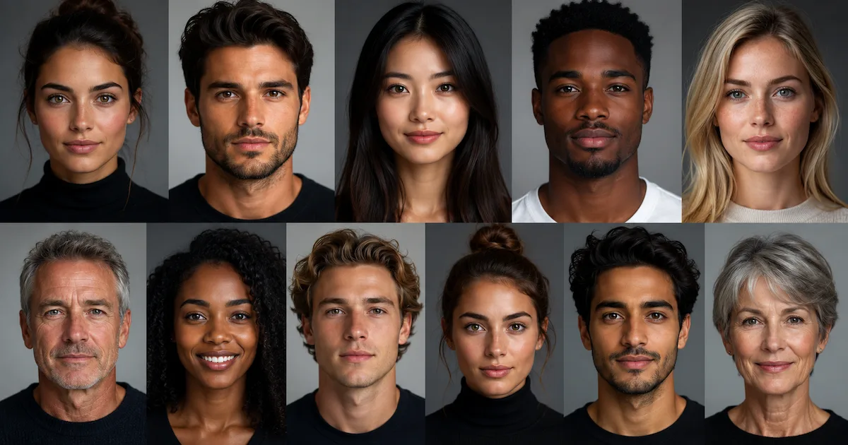 Visages humains générés par StyleGAN3 de NVIDIA en 2026. 94% de ces visages sont impossibles à distinguer de vraies photos selon l'étude de l'Université de Berkeley. Réseaux génératifs GANs, IA générative hyper-réaliste.