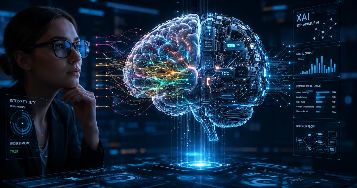 IA explicable XAI - Un cerveau transparent en verre révélant ses circuits lumineux pour illustrer l'interprétabilité des modèles d'intelligence artificielle en 2026