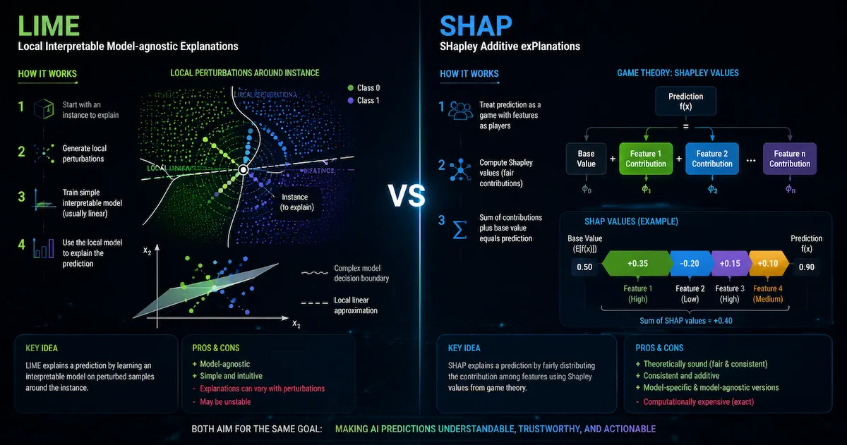 LIME SHAP méthodes explicabilité - Comparaison visuelle des approches LIME et SHAP pour comprendre les décisions des modèles boîte noire IA