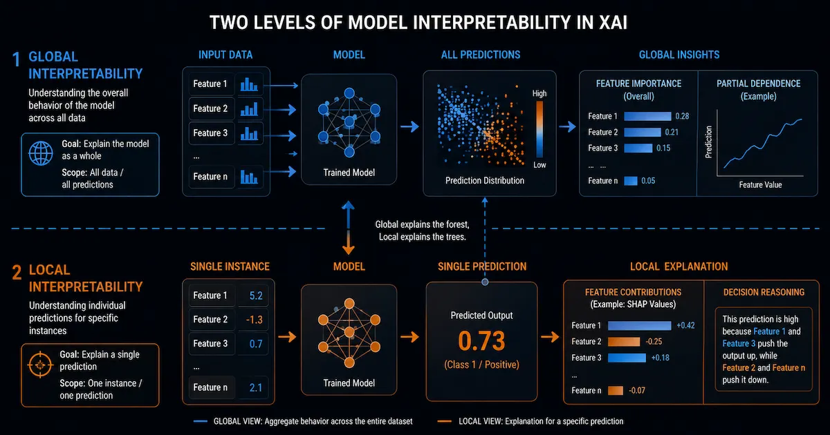Interprétabilité modèles globale locale - Schéma des niveaux d'explication en IA explicable XAI pour comprendre le fonctionnement des modèles boîte noire
