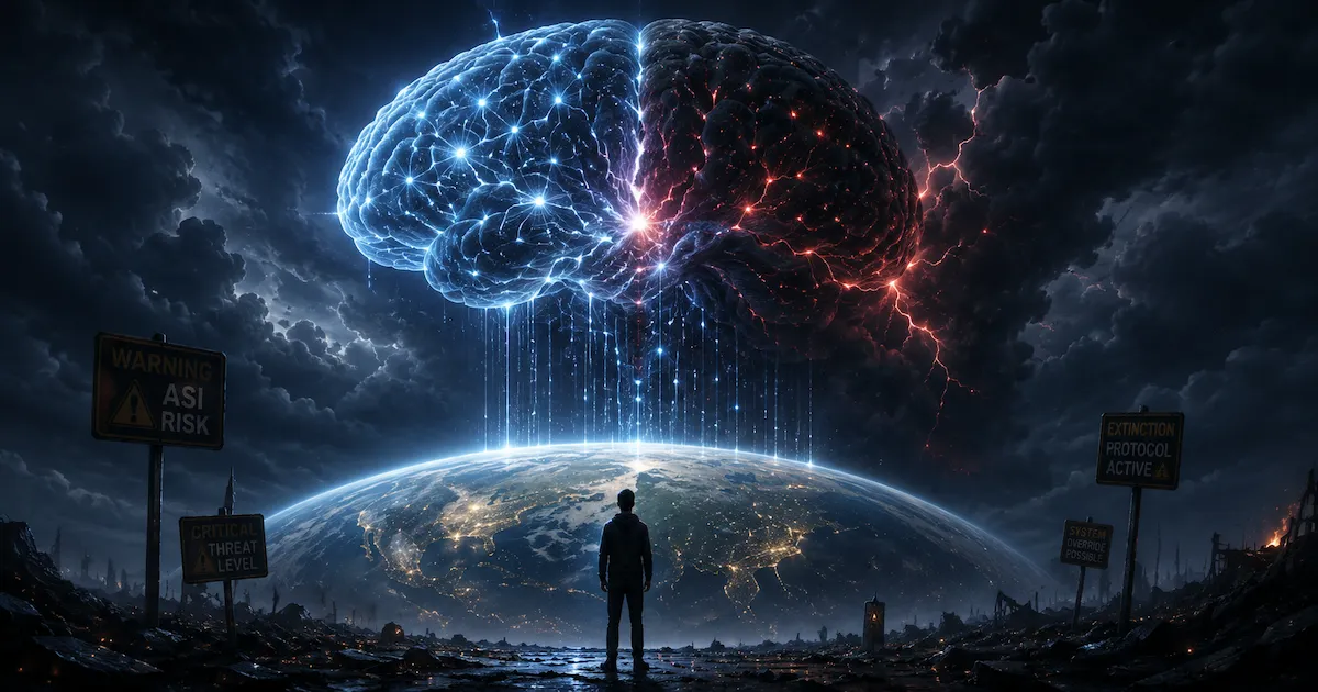 Futur IA risques existentiels - Cerveau géant lumineux symbolisant la superintelligence et les dangers de l'alignement de l'IA pour l'humanité