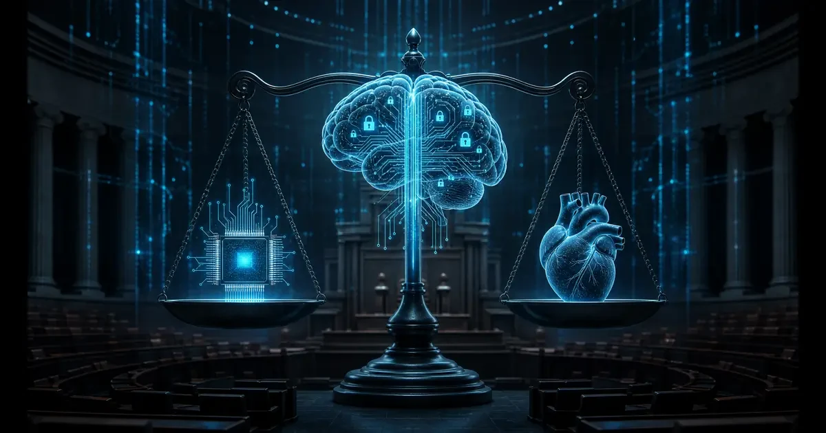 Éthique et sécurité de l'IA : illustration d'un cerveau numérique sur une balance entre circuits et cœur humain