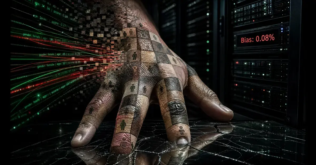 Visualisation des biais algorithmiques dans l'éthique et la sécurité de l'IA : des données discriminantes entrent dans un système