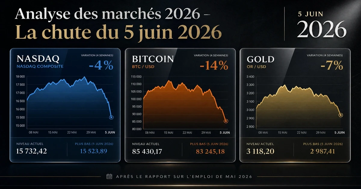 Analyse des marchés 2026 montrant la chute du Nasdaq (-4%), du Bitcoin (-14%) et de l'or (-7% sur 4 semaines) après le rapport sur l'emploi de mai 2026