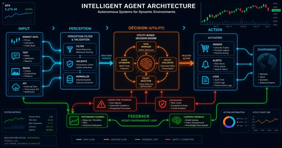 Architecture agent intelligent pour systèmes autonomes – schéma complet de l'environnement agent et de la prise de décision autonome