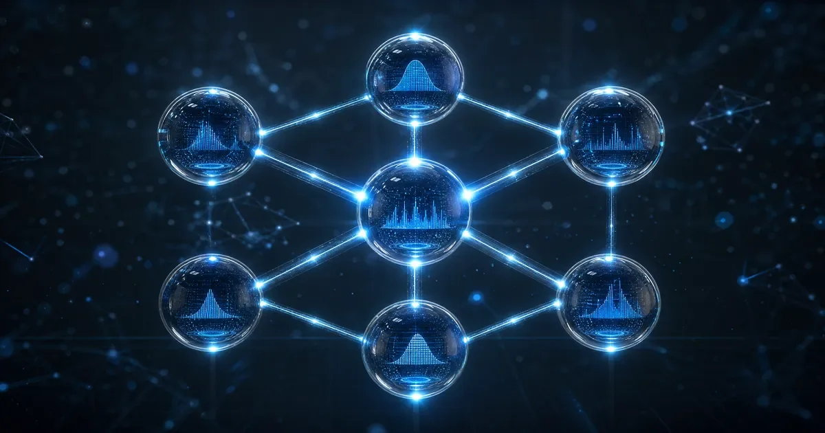 Schéma technique d'un réseau bayésien à 6 nœuds interconnectés par des arcs orientés, chaque nœud contenant une petite distribution de probabilité