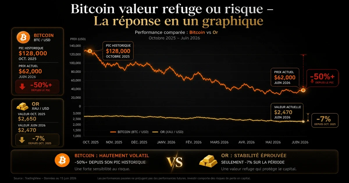 Bitcoin valeur refuge ou risque – graphique comparant la chute du Bitcoin (plus de 50%) à celle de l'or (7%) depuis les sommets d'octobre 2025