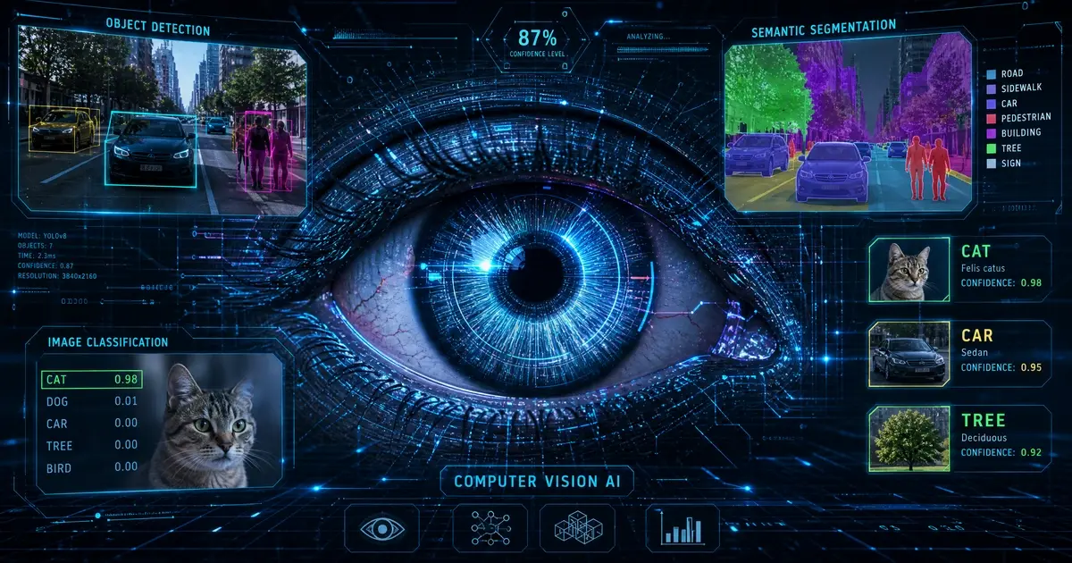 Illustration de la vision par ordinateur avec reconnaissance d'images et segmentation sémantique en 2026.