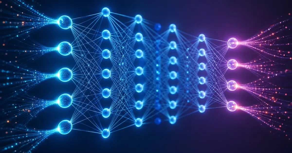 Schéma du deep learning et de l'apprentissage profond montrant un réseau de neurones artificiels avec plusieurs couches cachées interconnectées