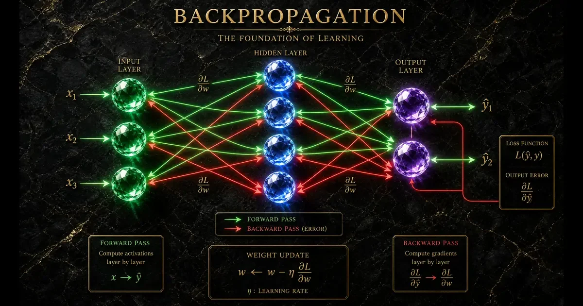 Schéma de la rétropropagation du gradient (backpropagation) dans un réseau de neurones profond pour l'apprentissage supervisé