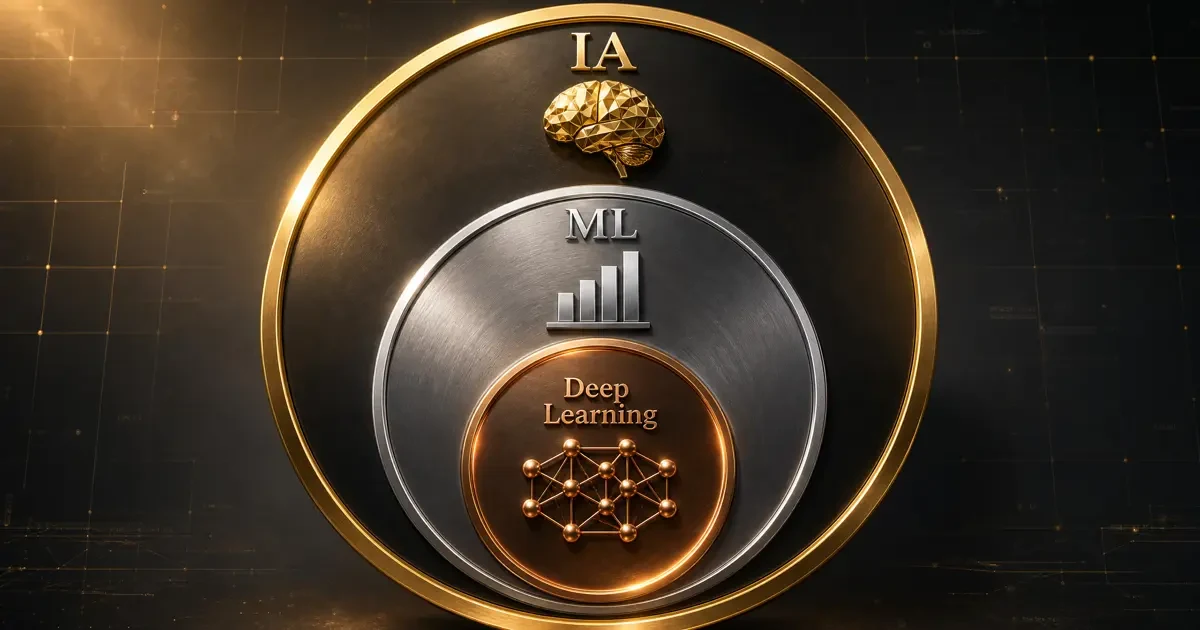 Infographie comparant intelligence artificielle, machine learning et apprentissage profond (deep learning) avec exemples de réseaux de neurones artificiels
