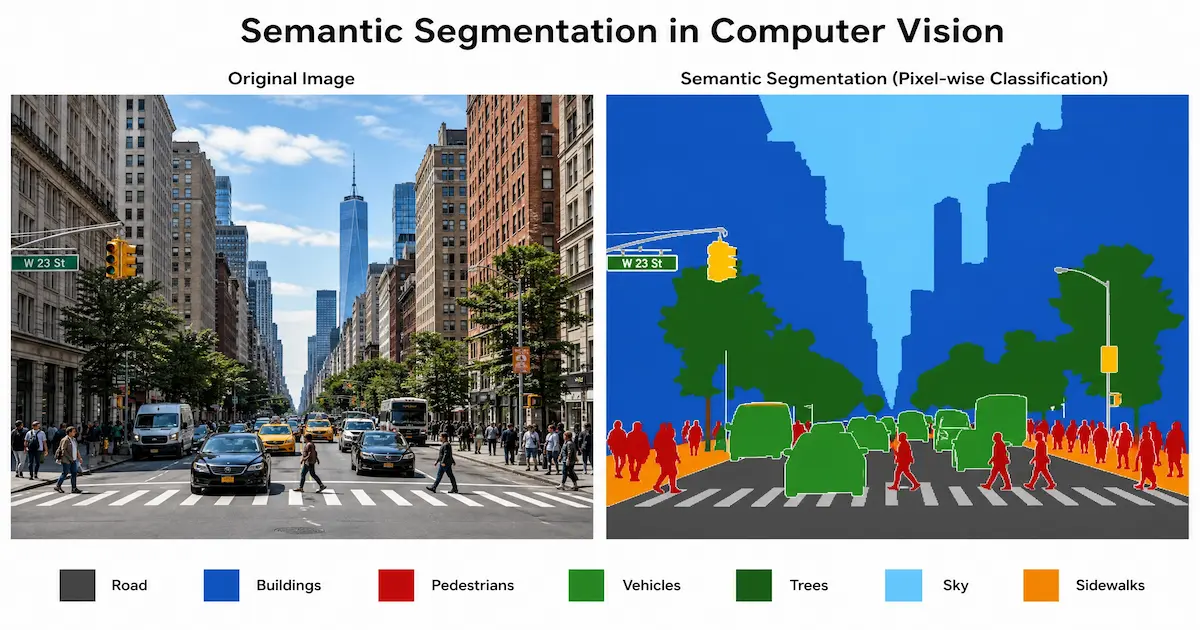 Exemple de segmentation sémantique avec classification des pixels d'une image de rue en catégories.