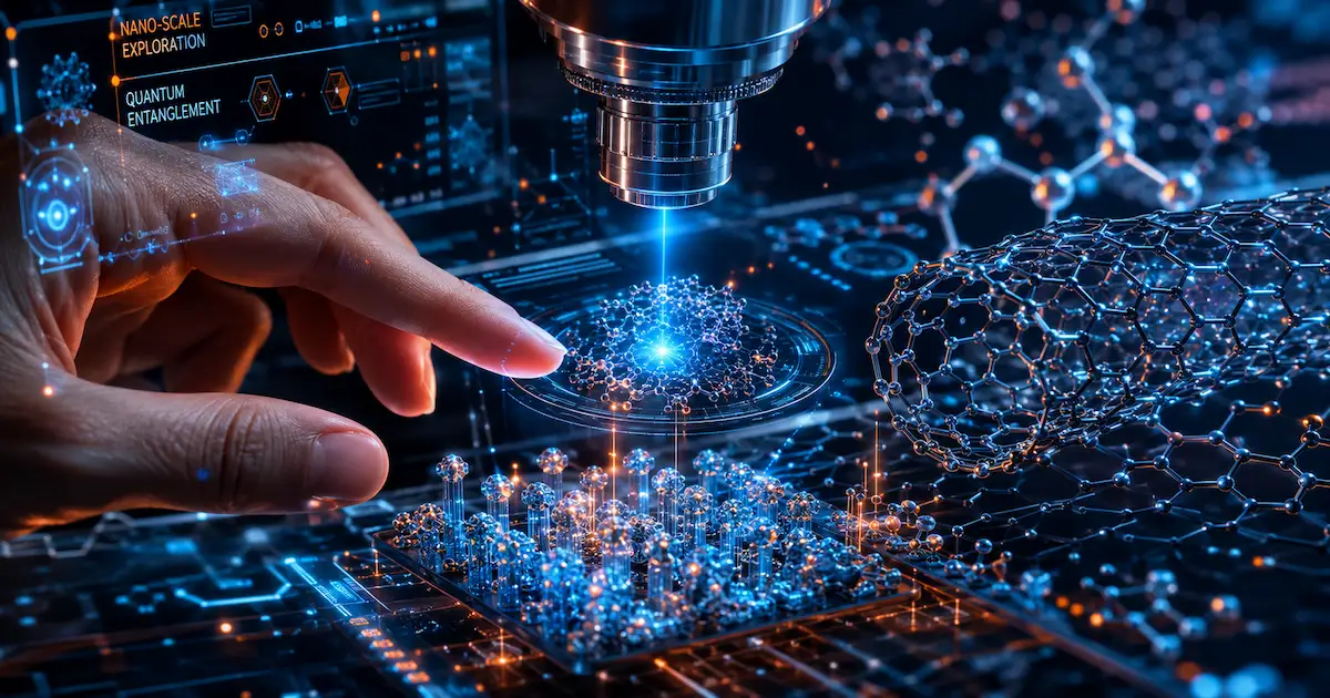 principes fondamentaux nanotechnologie : représentation des effets quantiques, de l'échelle nanométrique et des applications technologiques en 2026.