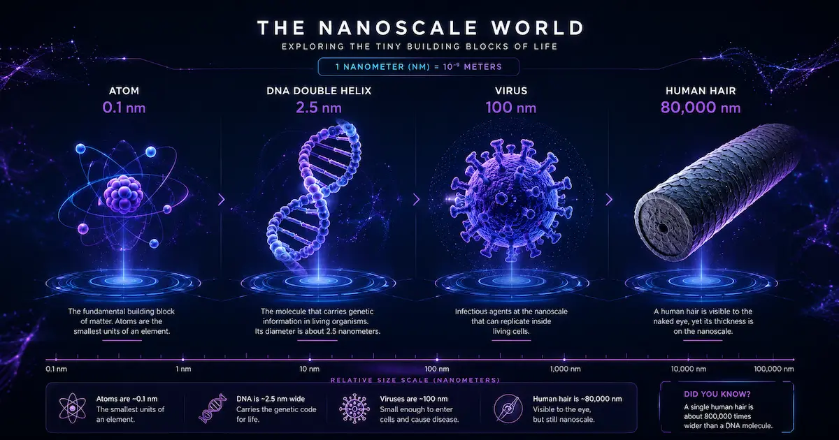 Échelle nanométrique comparée : atomes, virus, cheveu humain, illustrant la définition et les principes fondamentaux de la nanotechnologie.