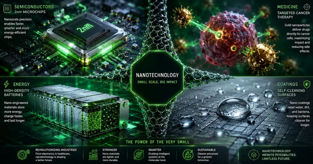 Applications concrètes et enjeux de la nanotechnologie : puce électronique, nanomédicament ciblant le cancer, cellules solaires et matériaux nanostructurés.