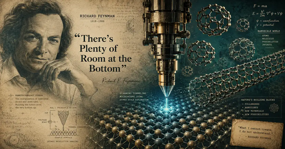 Histoire de la nanotechnologie : portrait de Richard Feynman, discours "There's Plenty of Room at the Bottom", et microscope à effet tunnel (STM).