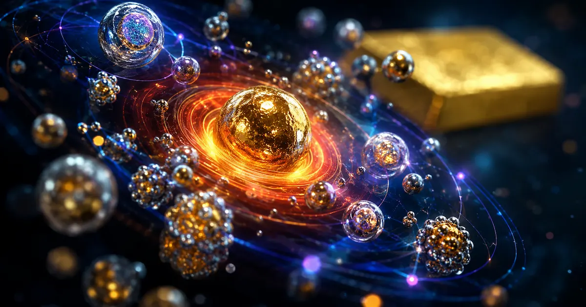 Visualisation 3D de nanoparticules métalliques d'or et d'argent flottant dans un environnement scientifique sombre. Effet de résonance plasmonique rouge/orange sur l'or, nanoclusters cœur-coquille, et structure électronique quantique. Comparaison visuelle entre métal massif flou en arrière-plan et nanoparticules lumineuses au premier plan.