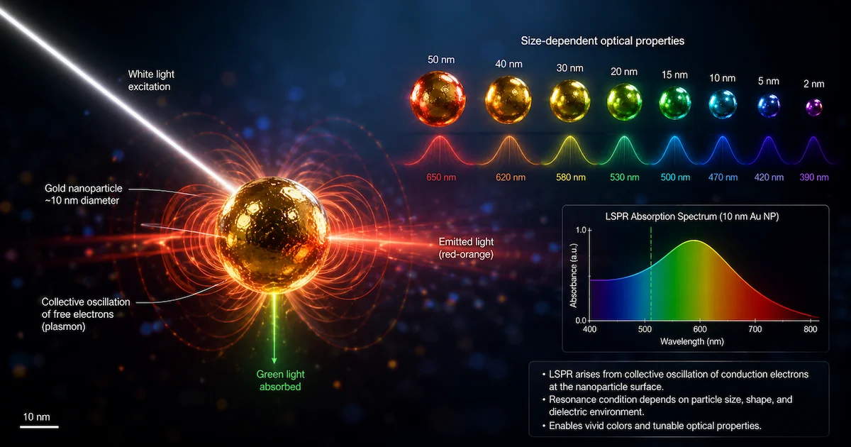 propriétés des nanoparticules métalliques : Illustration scientifique de la résonance plasmon de surface localisé sur une nanoparticule d'or sphérique de 10 nm. Un faisceau de lumière blanche frappe la nanoparticule qui émet une couleur rouge-orangé. Onde représentant l'oscillation collective des électrons libres. Nanoparticules environnantes aux couleurs variables (rouge, bleu) illustrant la dépendance à la taille.