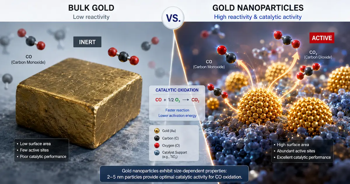 Illustration en split-view comparant l'or massif inerte (à gauche) aux nanoparticules d'or catalytiques lumineuses (à droite). L'or massif est inactif tandis que les nanoparticules catalysent activement des réactions chimiques, transformant le CO en CO2. Flèches de réaction orange.