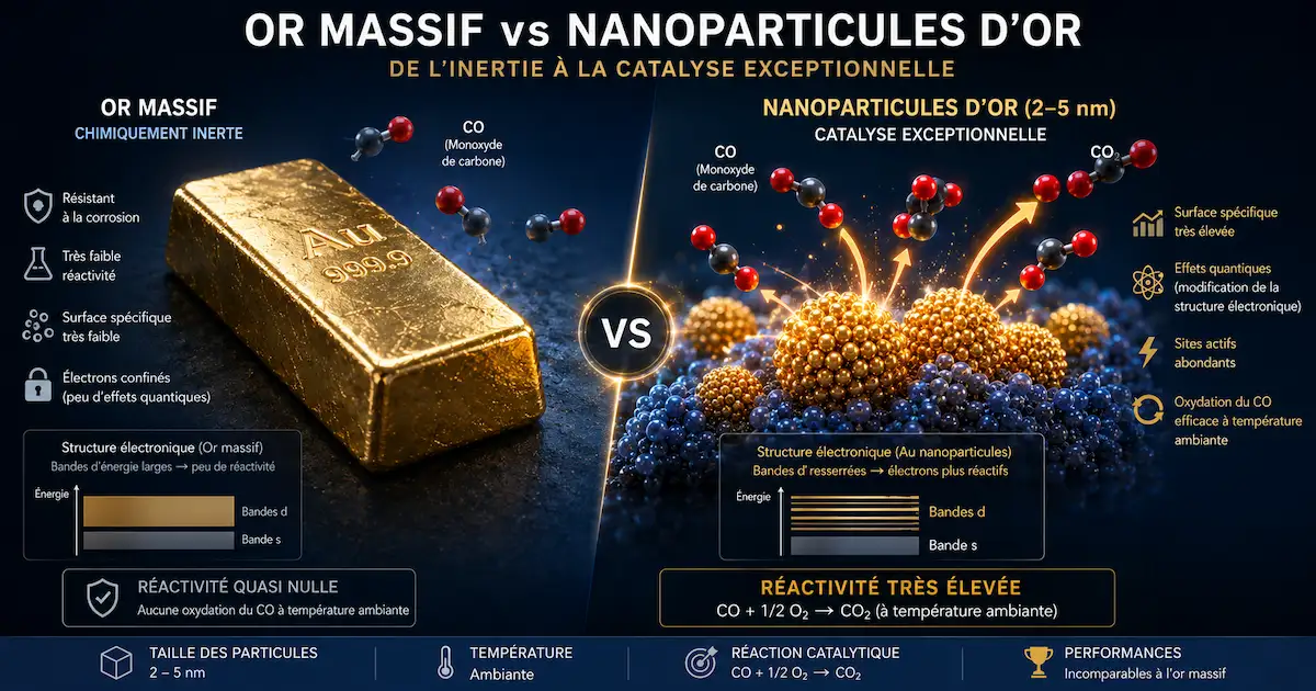 Illustration 3D d'un nanocluster métallique avec structure cœur-coquille. Cœur métallique doré parfaitement sphérique composé d'atomes disposés en réseau cristallin. Coquille protectrice de molécules organiques ligands colorées (vert, bleu, violet). Nuages d'orbitales électroniques quantiques environnants.