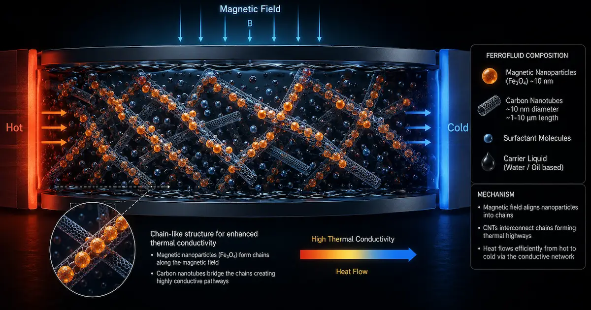 Ferrofluides hybrides Fe₃O₄ dopés aux nanotubes de carbone : nanoparticules magnétiques formant des chaînes sous champ magnétique, amélioration de 112% de la conductivité thermique