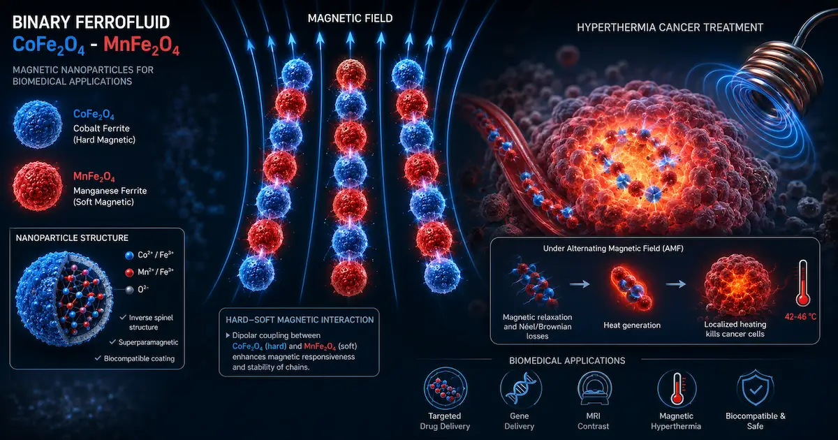 Ferrofluides binaires pour hyperthermie magnétique : nanoparticules dures CoFe₂O₄ (rouge) et douces MnFe₂O₄ (bleu) formant des chaînes mixtes sous champ magnétique pour la thérapie ciblée du cancer