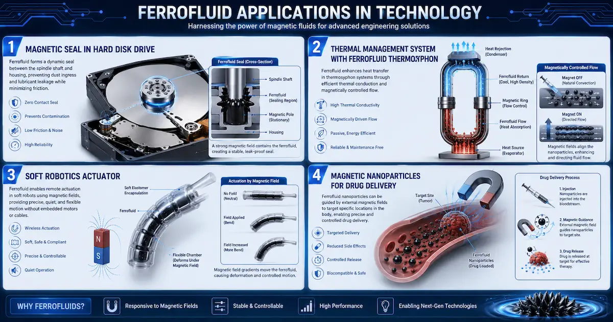 Applications industrielles des ferrofluides : joints dynamiques, refroidissement thermosyphon, robotique douce, délivrance de médicaments ciblée et hyperthermie magnétique