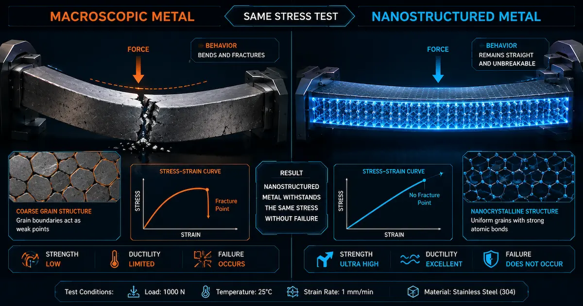 Illustration comparative montrant la résistance supérieure d'un matériau nanostructuré face à un matériau classique