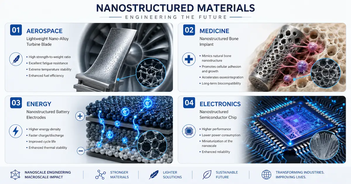 Infographie des 4 domaines d'application des nanomatériaux : aéronautique, biomédical, stockage d'énergie et semi-conducteurs