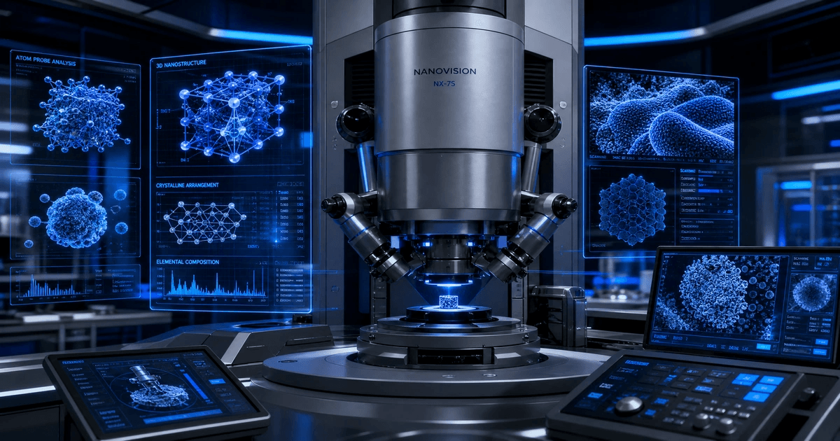 Illustration des techniques de mesure en nanotechnologie : microscope électronique, atomes, nanostructures et instruments de mesure de précision