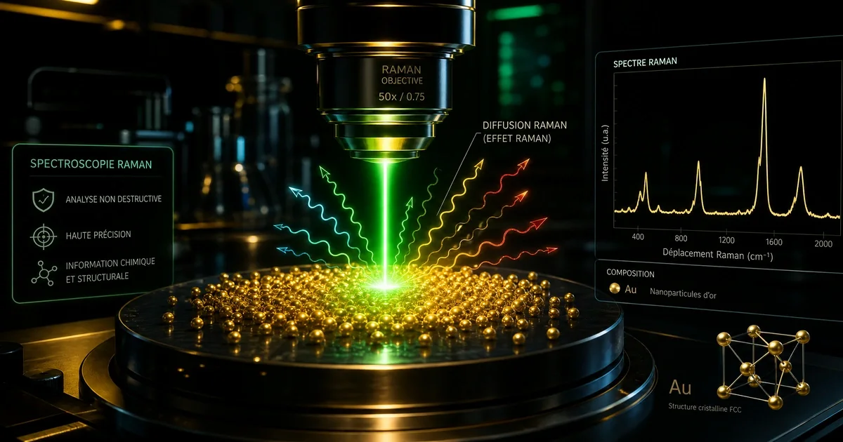 Illustration de la spectroscopie Raman : un laser éclaire des nanoparticules et la lumière diffusée révèle la composition chimique du matériau, une technique de mesure en nanotechnologie sans marquage