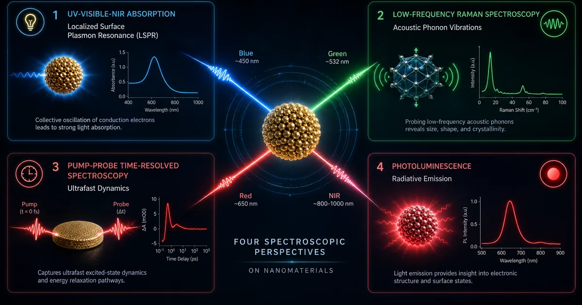 Spectroscopie optique nanotechnologie : infographie comparant l'absorption UV-visible-NIR, la spectroscopie Raman, la pompe-sonde résolue en temps et la photoluminescence pour l'analyse des nanomatériaux