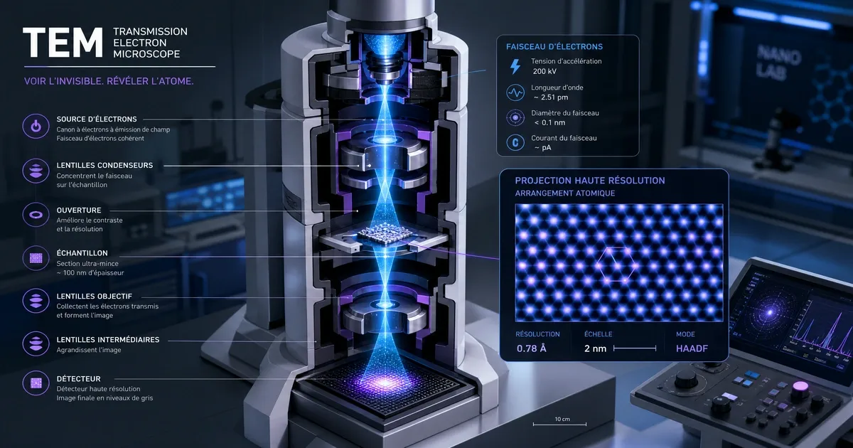 Schéma du microscope électronique en transmission (TEM) montrant le faisceau d'électrons traversant un échantillon ultrafin pour révéler sa structure atomique, une technique de mesure en nanotechnologie essentielle