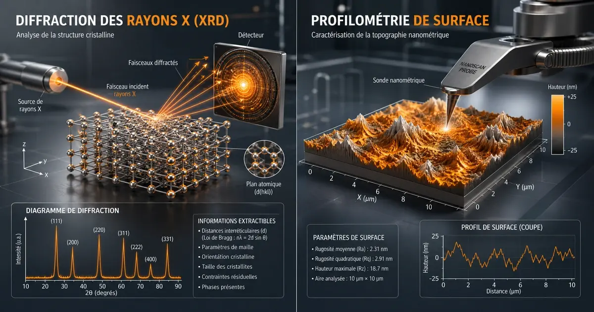 Illustration combinée de la diffraction des rayons X (XRD) analysant la structure cristalline et de la profilométrie mesurant la topographie des surfaces nanométriques, deux techniques de mesure en nanotechnologie clés